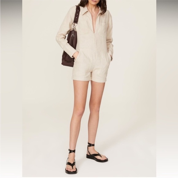 Rivet Utility Linen Romper/Oatmeal Line Beige/long sleeve/ Pocket Front - Picture 2 of 14